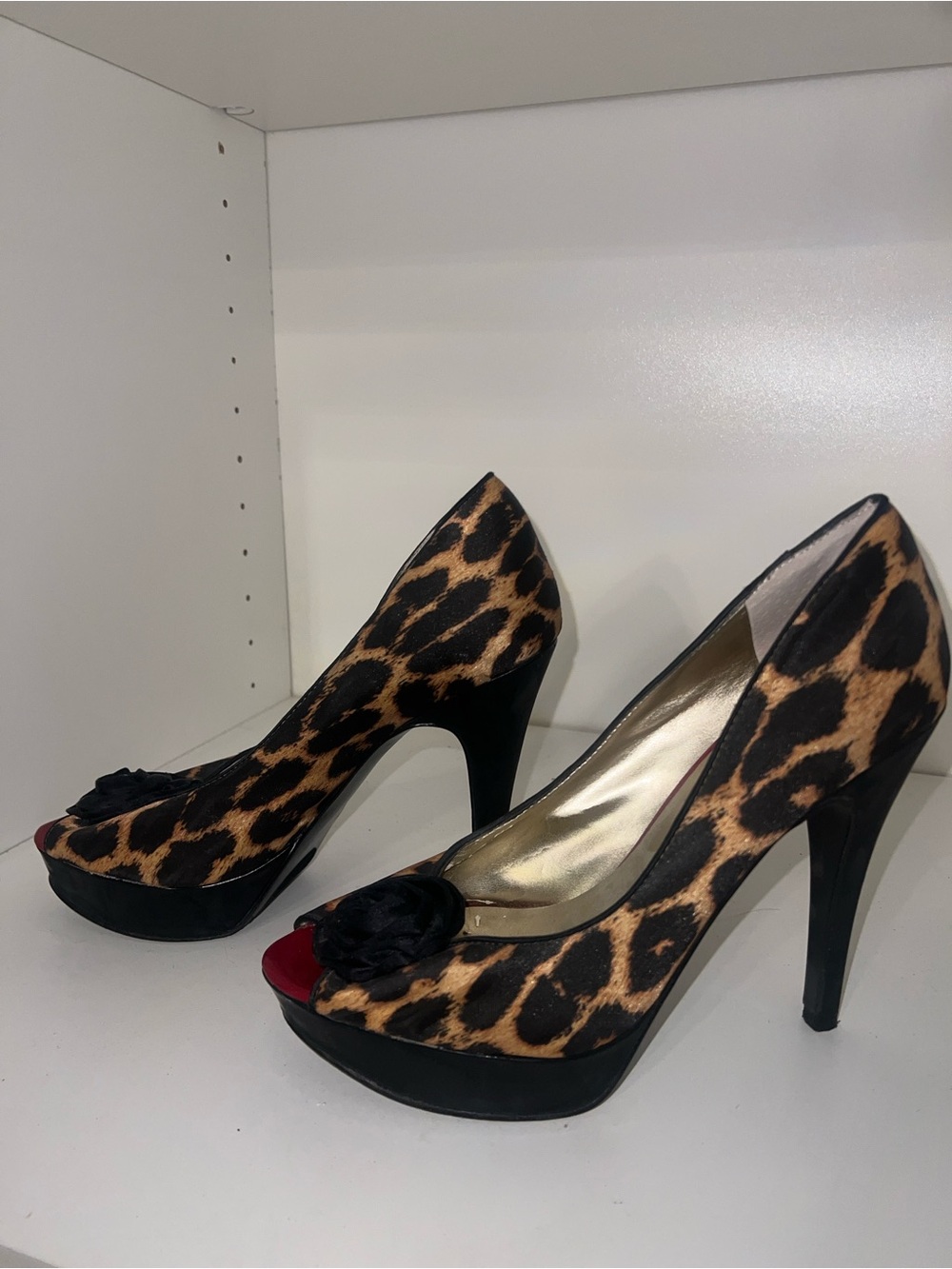 Guess Leopard Print Peep-Toe Heels with Black Platform and Red Toe Accent